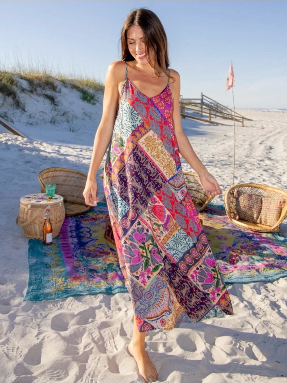 Natural Life Gracie Slip Maxi Dress Boho Blooms Patchwork Multicolor NWT XS